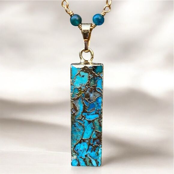 NWT New Aviva Stanoff Lux Tribe Blue Turquoise Gold Bar Necklace - Picture 3 of 8